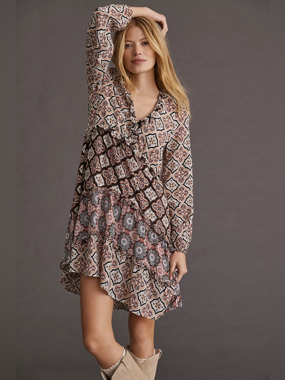 Anthropologie Tiered V-Neck Long Sleeve Mini Dress Womens Size Small